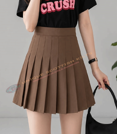 Scottish Handmade Brown Cotton Pleated Mini Skirt for Women - All Round Pleats