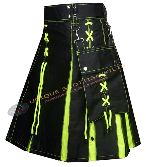 Handmade Scottish Flourocent Green & Black Cotton Utility Kilt With Laces Style - Image 3