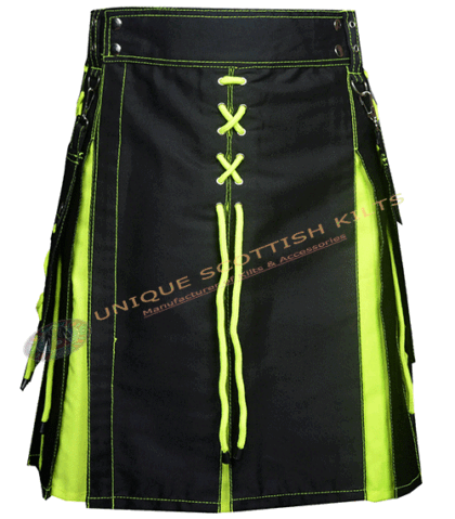 Handmade Scottish Flourocent Green & Black Cotton Utility Kilt With Laces Style
