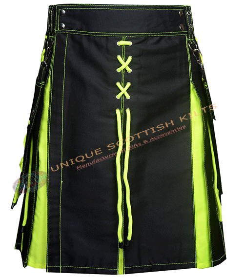 Handmade Scottish Flourocent Green & Black Cotton Utility Kilt With Laces Style