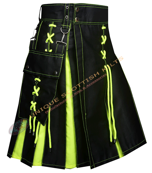 Handmade Scottish Flourocent Green & Black Cotton Utility Kilt With Laces Style - Image 2