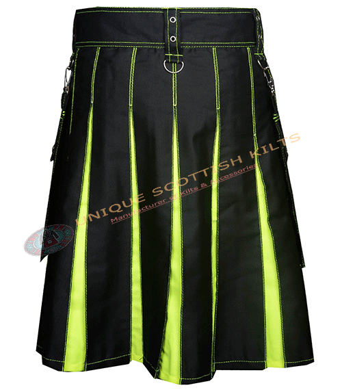 Handmade Scottish Flourocent Green & Black Cotton Utility Kilt With Laces Style - Image 4