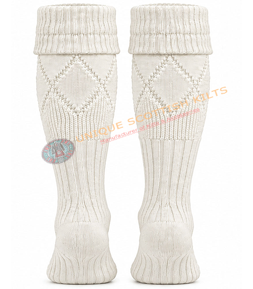 Scottish Half White Kilt Hose Socks for Men - Diamond Knit Piper Hose - Image 2