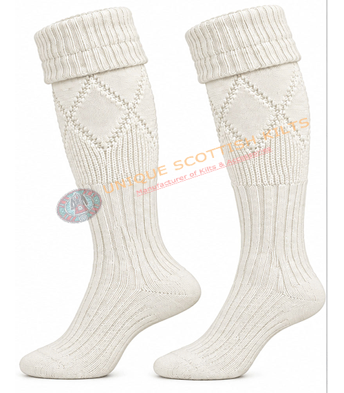 Scottish Half White Kilt Hose Socks for Men - Diamond Knit Piper Hose - Image 3