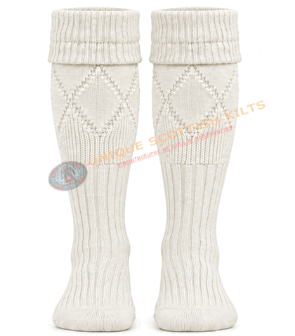 Scottish Half White Kilt Hose Socks for Men - Diamond Knit Piper Hose