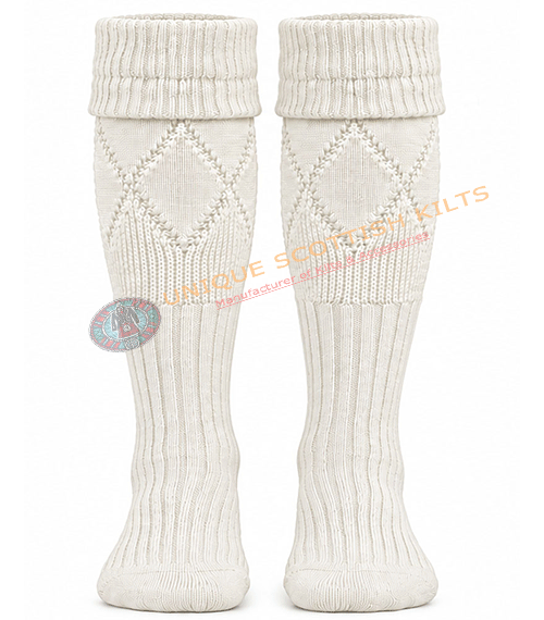 Scottish Half White Kilt Hose Socks for Men - Diamond Knit Piper Hose