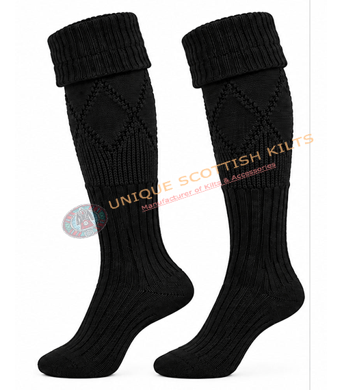 Scottish Black Kilt Hose Socks for Men - Diamond Knit Piper Hose - Image 2