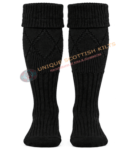 Scottish Black Kilt Hose Socks for Men - Diamond Knit Piper Hose