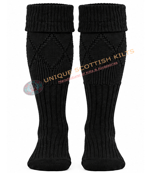 Scottish Black Kilt Hose Socks for Men - Diamond Knit Piper Hose