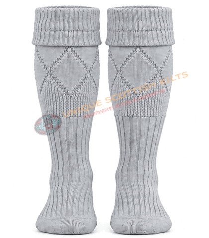 Scottish Light Grey Kilt Hose Socks for Men - Diamond Knit Piper Hose